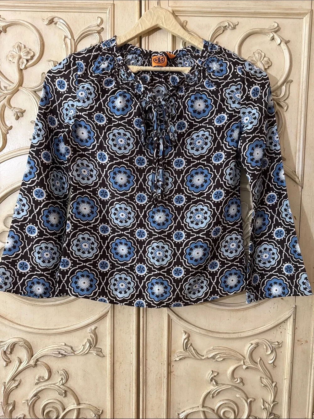 TORY BURCH SILK TUNIC LONG SLEEVE BLOUSE SHIRT - BLUE WHITE - SIZE 4